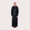 Black button-front long abaya coat worn with a pink hijab