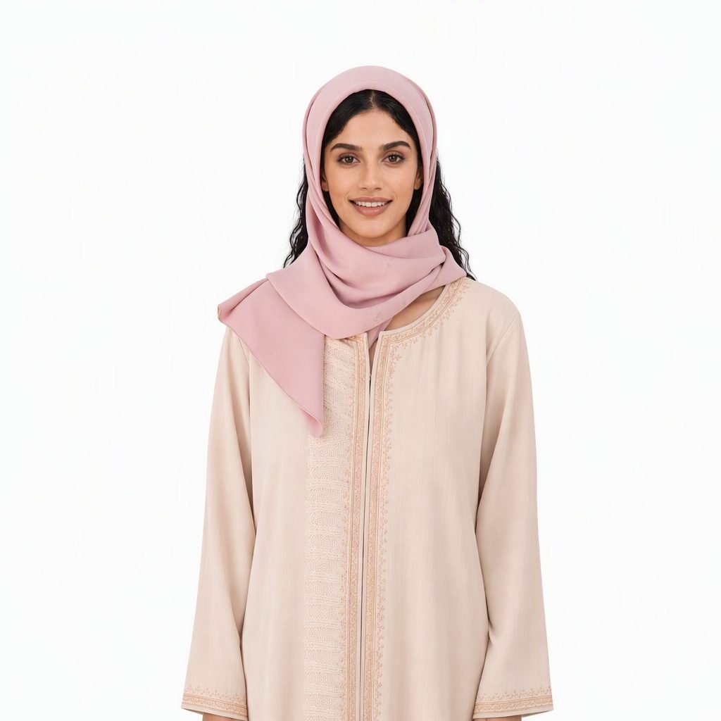 Beige embroidered open abaya with pink hijab set