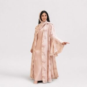 Blush floral-print open abaya with matching hijab