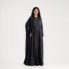 Black satin open abaya with batwing sleeves