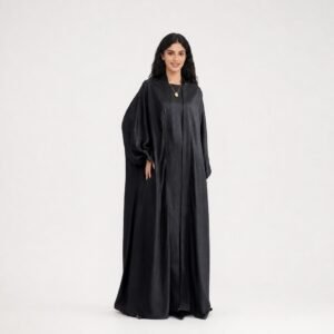 Black satin open abaya with batwing sleeves