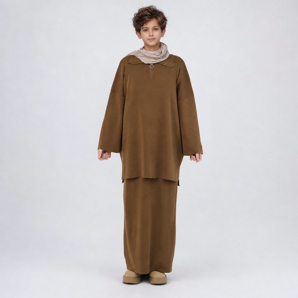 Kids' brown knit tunic and long skirt two-piece set