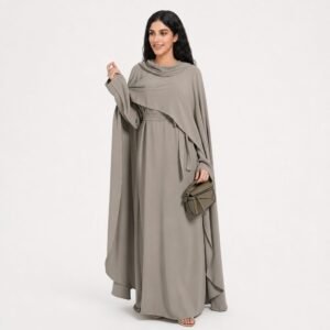 Taupe abaya set with cape overlay and waist belt