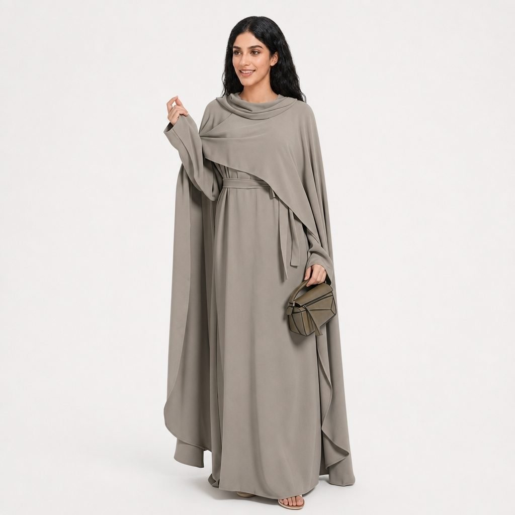 Taupe abaya set with cape overlay and waist belt