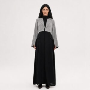 Black abaya with grey plaid cropped jacket overlay