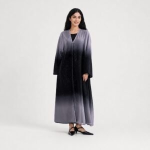 Grey-to-black gradient open abaya with glitter finish