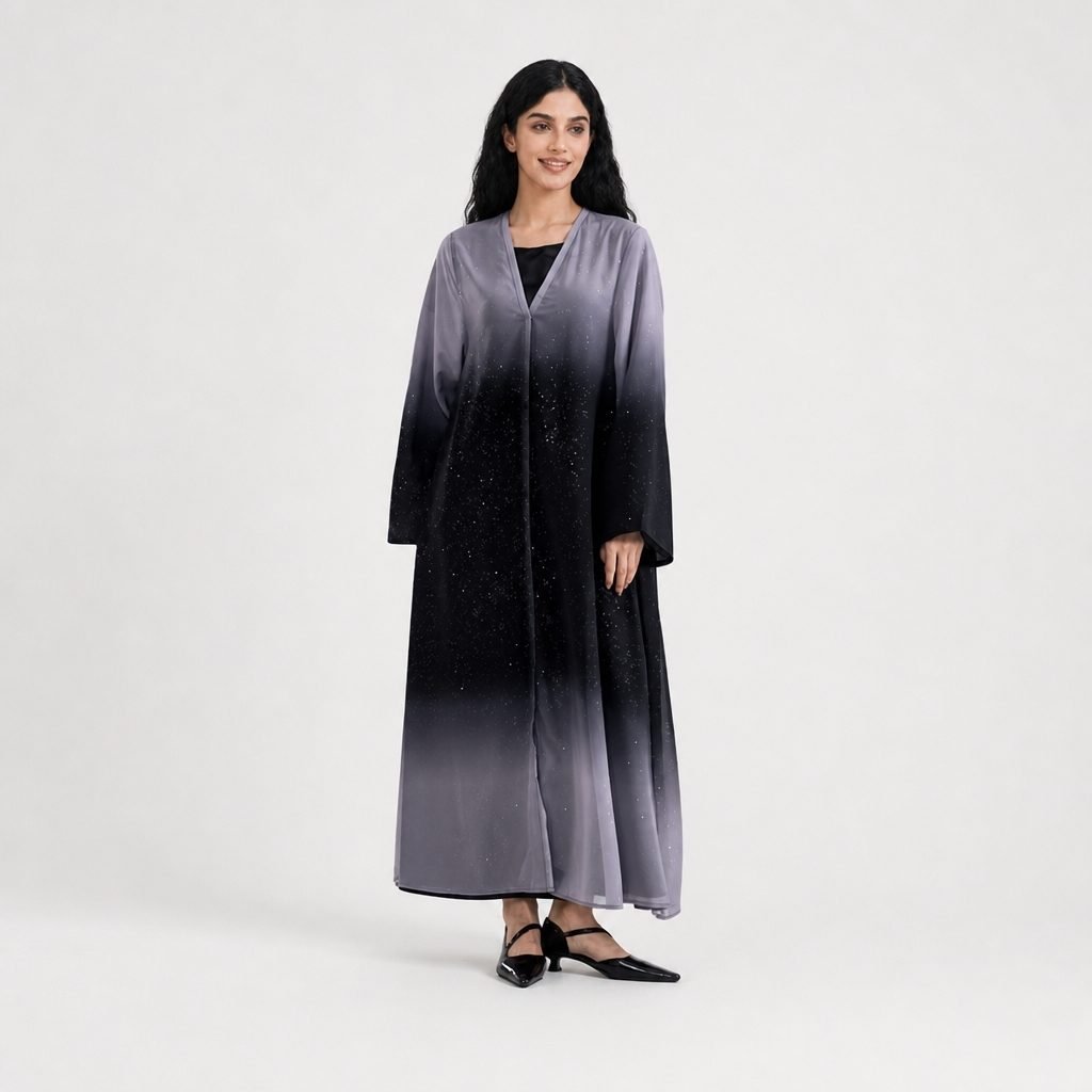 Grey-to-black gradient open abaya with glitter finish