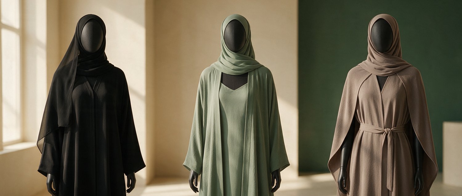 Three abaya sets on dress forms: black closed abaya with matching black chiffon hijab, sage open abaya with matching slip dress and hijab, taupe cape abaya with matching belt and hijab