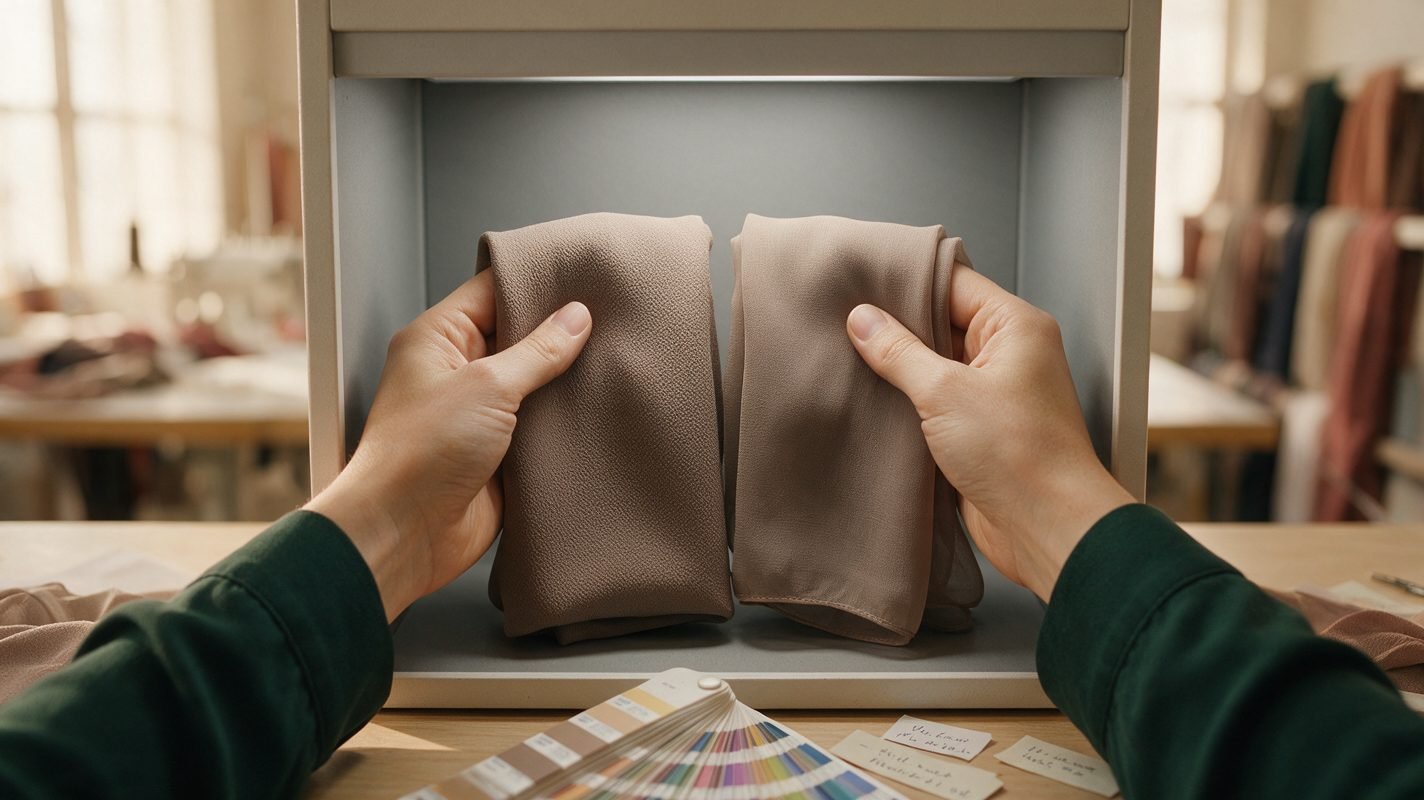 Technician comparing a taupe nida crepe abaya swatch and a matching chiffon hijab swatch in a colour-matching light booth
