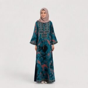 Teal tie-dye abaya with ethnic embroidery