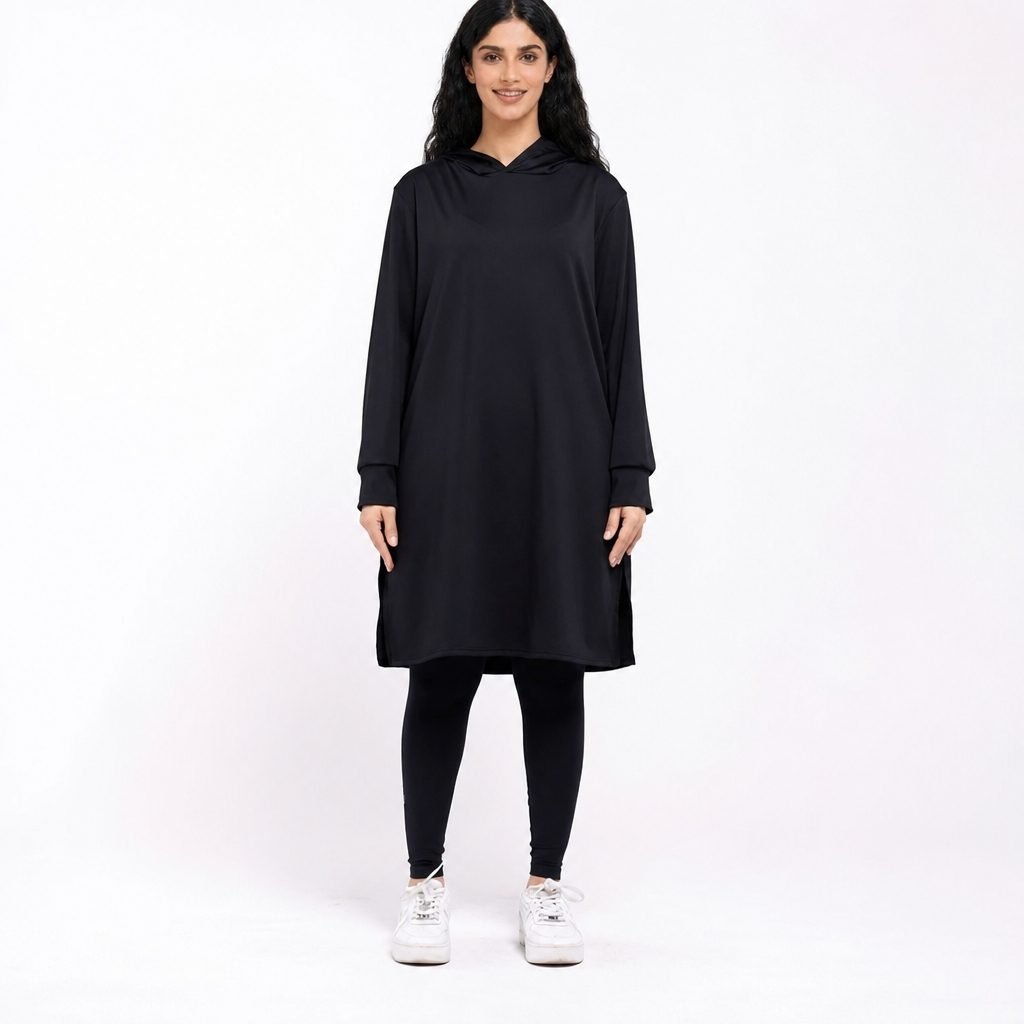 Black hooded modest sports tunic with leggings