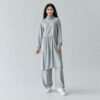 Grey gathered modest activewear tunic and wide-leg pants for a Dubai fitness studio