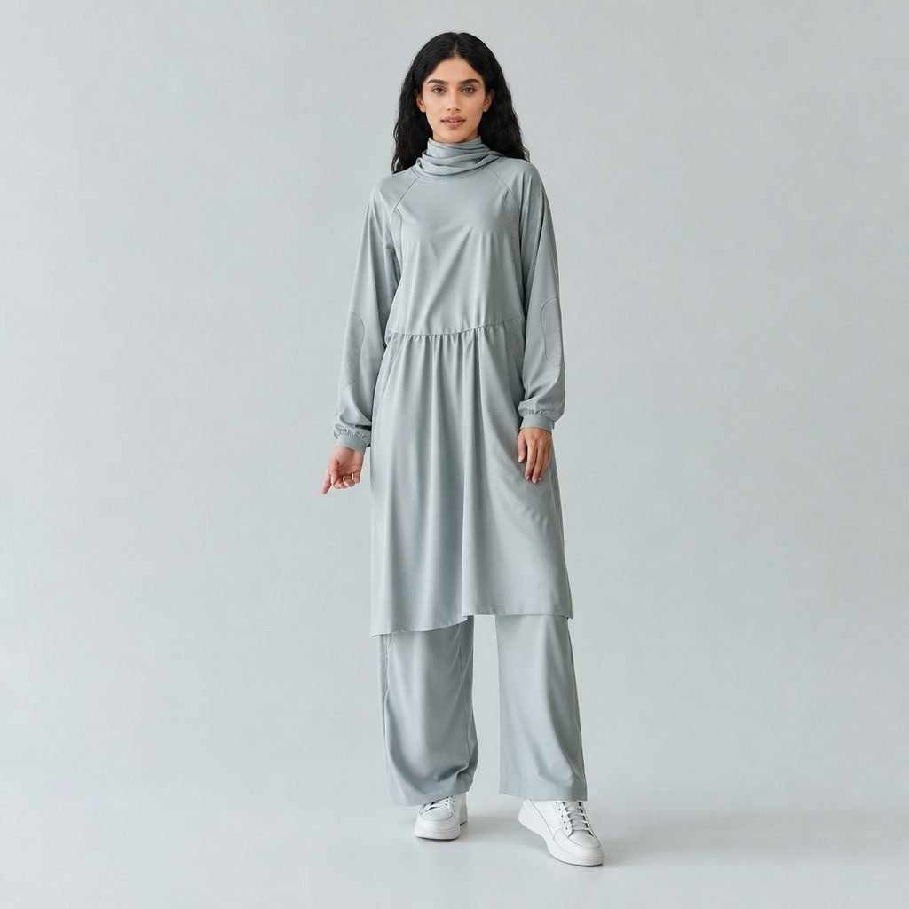 Grey gathered modest activewear tunic and wide-leg pants for a Dubai fitness studio