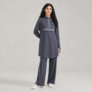 Grey half-zip modest activewear set with wide-leg track pants