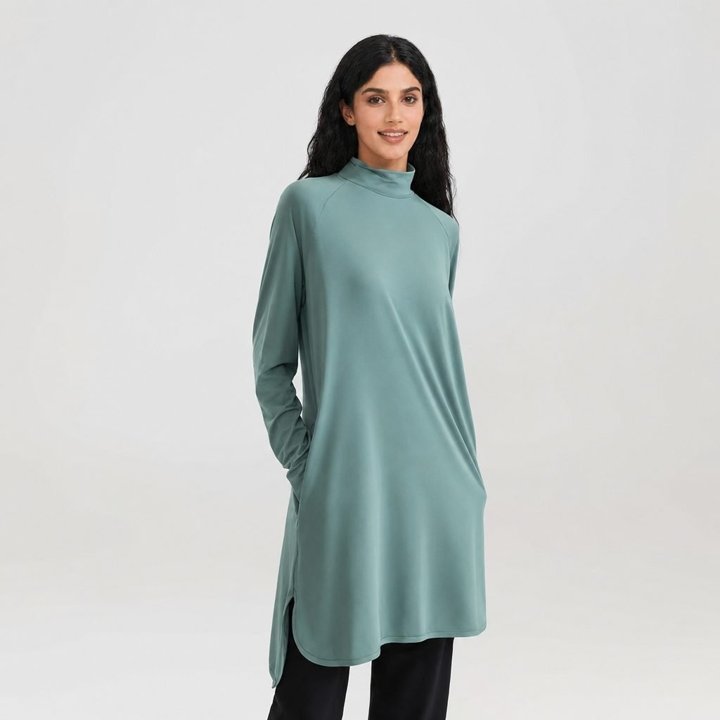 Teal mockneck activewear tunic with side slit