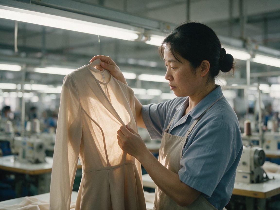 Quality inspection worker checking a garment against backlight at the ModestRise factory