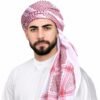 Red and white keffiyeh shemagh tied as a turban