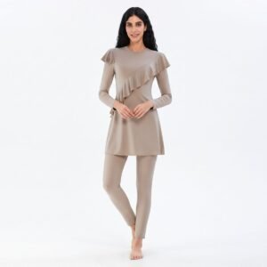 Alternative view of Beige Diagonal Ruffle-Trim Burkini Tunic Set