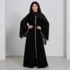 Black embroidered abaya with bell sleeves and gold trim