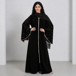 Black embroidered abaya with bell sleeves and gold trim
