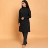 Black mock-neck burkini tunic with side slits and dark leggings