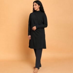 Black mock-neck burkini tunic with side slits and dark leggings