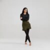 Black long-sleeve swim top with olive ruffle swim skirt and leggings