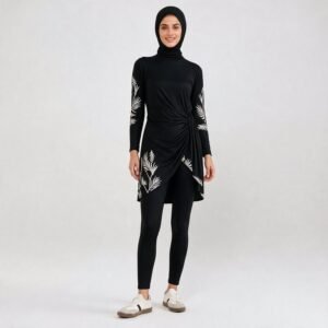 Black burkini with white leaf print and wrap-front tunic