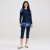 Navy burkini top with blue tropical print and capri leggings
