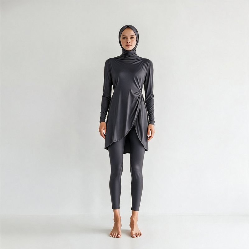 Charcoal hooded burkini with wrap-front tunic and leggings