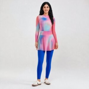 Custom Pink Islamic Women's Modest Long Sleeve 3-Piece Swimwear Set Burkinis with Backless Neckline Slim Fit