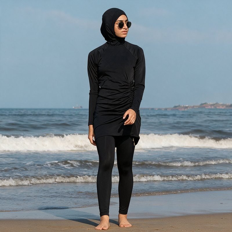 Muslim Abaya Women's Swimsuit Three-Piece Set Islamic Hijab Swimsuit with Drawstring Design Solid Color Muslm