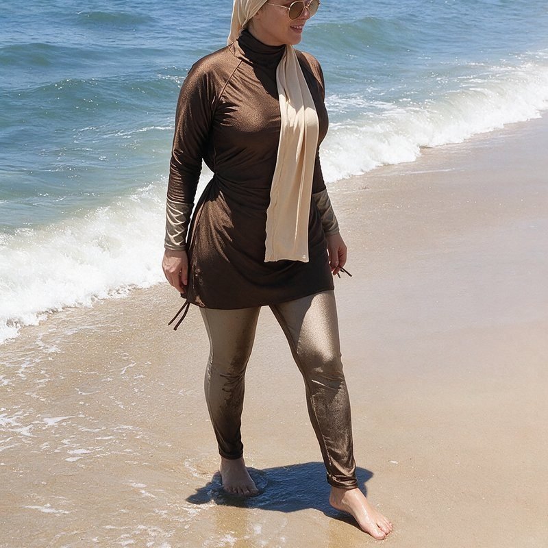 Muslim Women Custom Designed Brown Swimsuit Three Piece Set High Neck Abaya Muslim Swimwear for Women