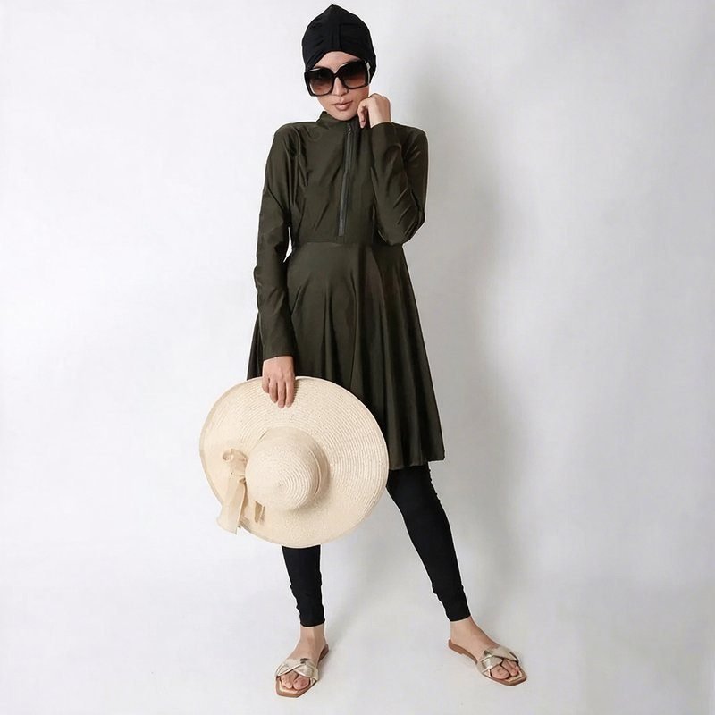 New Muslim Swimwear Three Piece Set Solid Color Hijab Traditional Modest Muslim Women Burkini Custom Zipper Bu