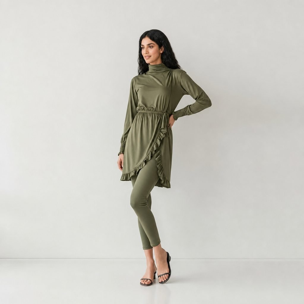 Olive asymmetric ruffle-hem burkini with leggings