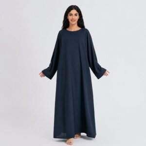 OEM Custom Navy Blue Everyday Abaya Muslim Eid Modest Islamic Loose-Fit Abaya Dress with Wide