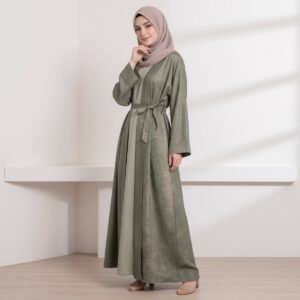 Custom Green Belted Eid Abaya — Modest Open-Front Muslim Robe for Women - Image 3