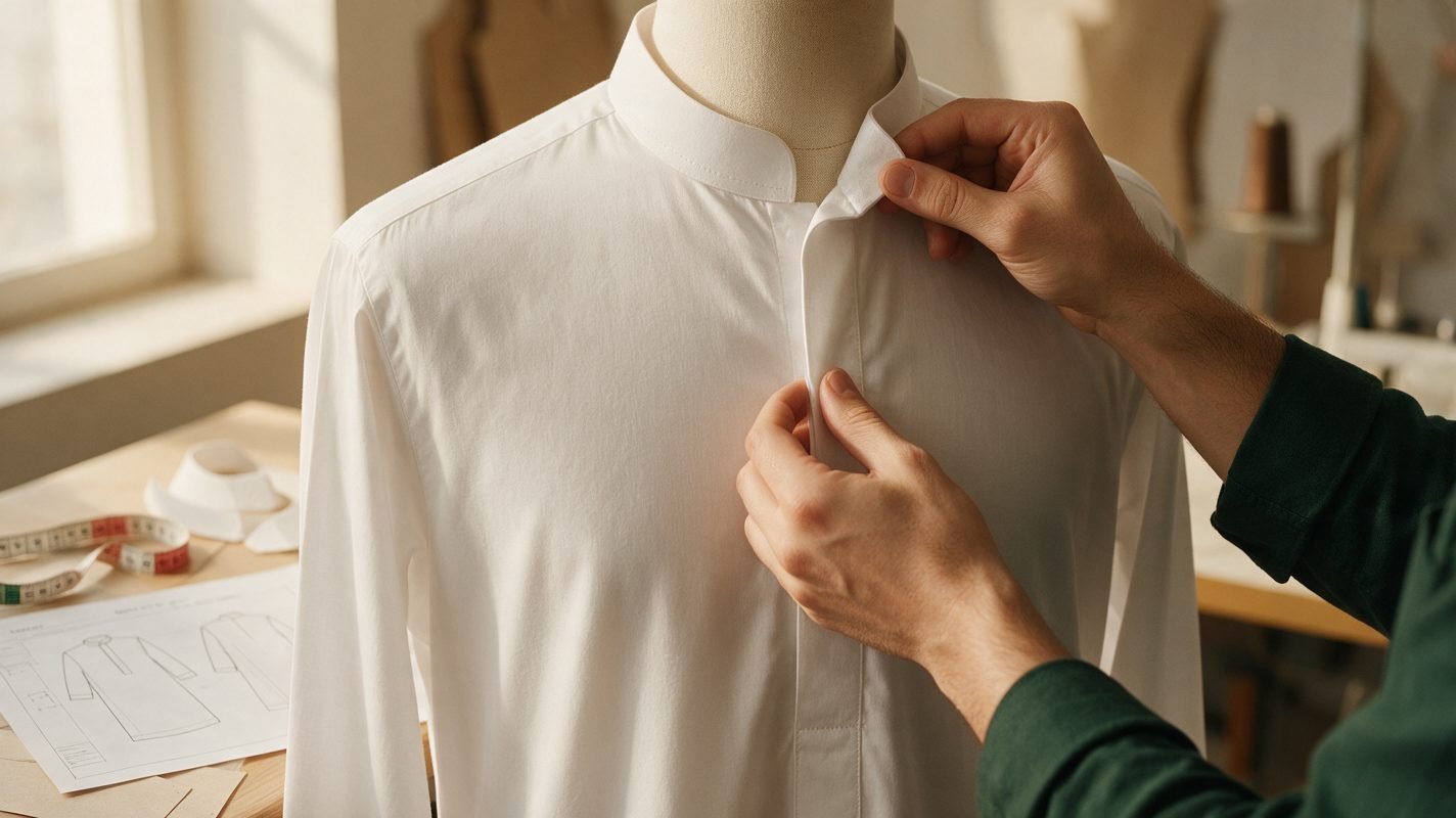 Pattern maker checking the stand collar and hidden placket of a white cotton thobe against a tech pack