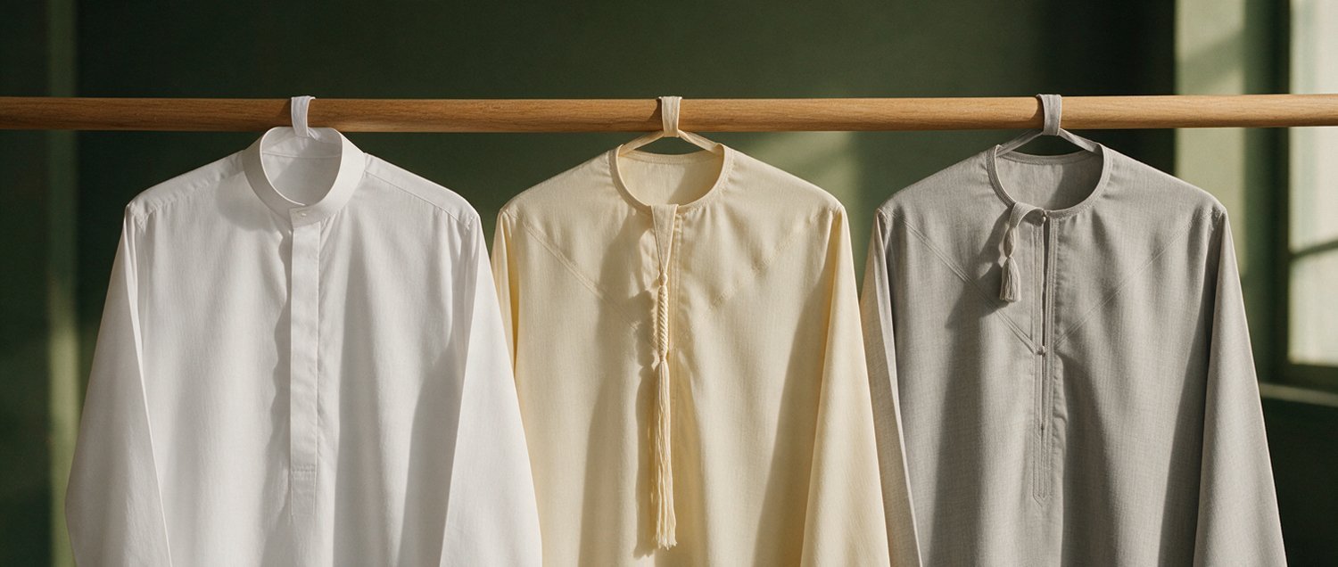 Three men's thobes on a wooden rail: white Saudi thobe with stand collar, cream Emirati kandura with tassel, grey Omani dishdasha