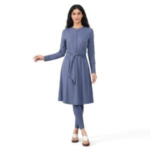 Alternative view of Customizable Modest Elegant Muslim Women Set — Belted Tunic, Wide-Leg Pants & Hijab