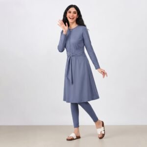 Customizable Modest Elegant Muslim Women Set with Belted Long Top Loose Fit Pants and Hijab - Image 3