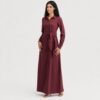 Burgundy belted wrap abaya for a Kuwait mother-and-baby concept store