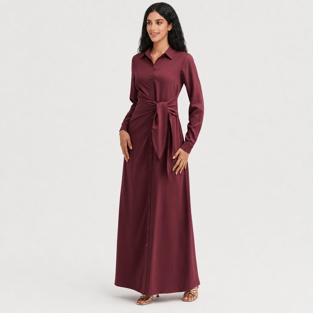 Burgundy belted wrap abaya for a Kuwait mother-and-baby concept store