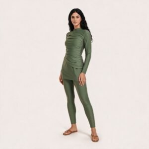 Fashion Custom Design Muslim Swimsuit Three Piece Set Solid Color Burkini Set Modest Muslim Swimwear - Image 3