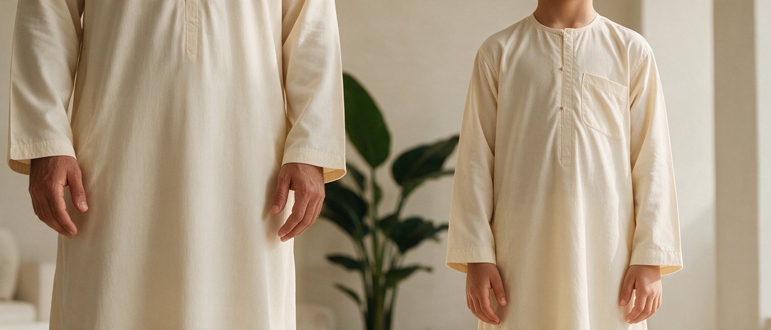 Father and son wearing matching cream thobes cut from the same fabric