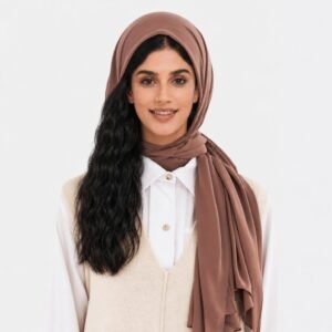 Mocha jersey hijab draped as a long scarf