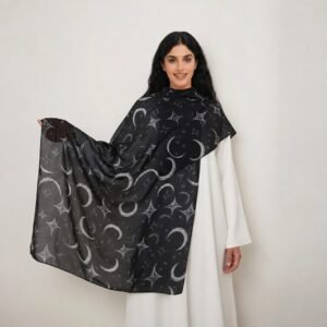 Black chiffon square hijab with moon and star print