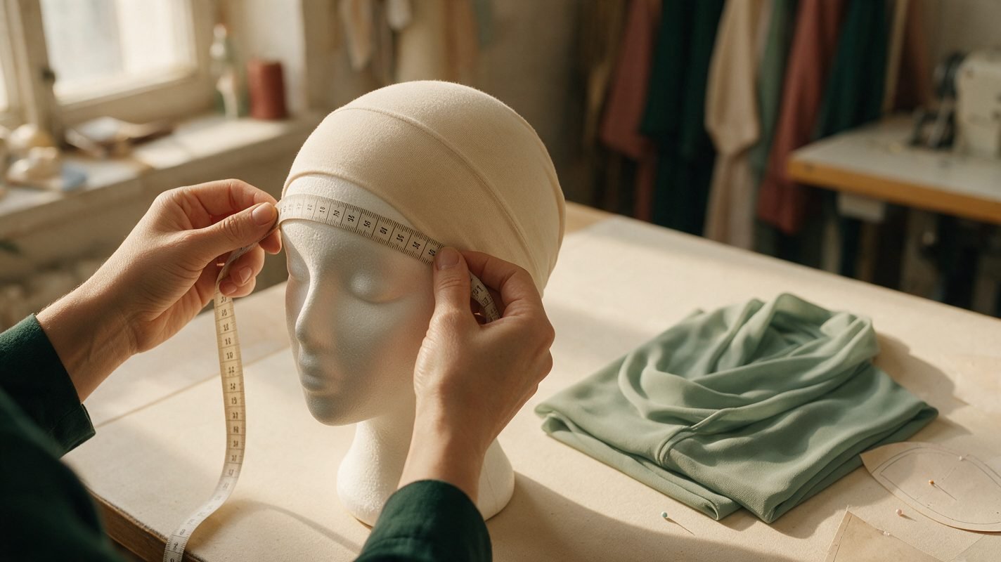 Pattern maker measuring the head circumference of a jersey inner cap for a two-piece instant hijab on a head form