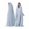 Blue and white floral-print one-piece jilbab, side and front view