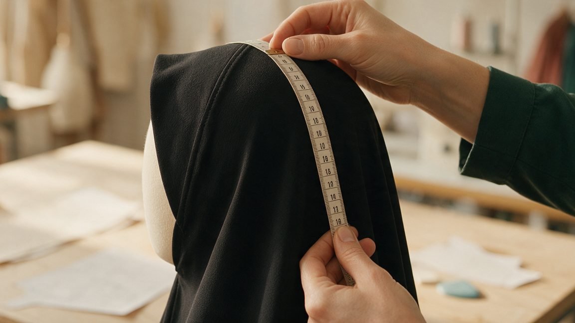 Pattern maker measuring the hood of a black nida crepe jilbab from front edge to nape on a dress form